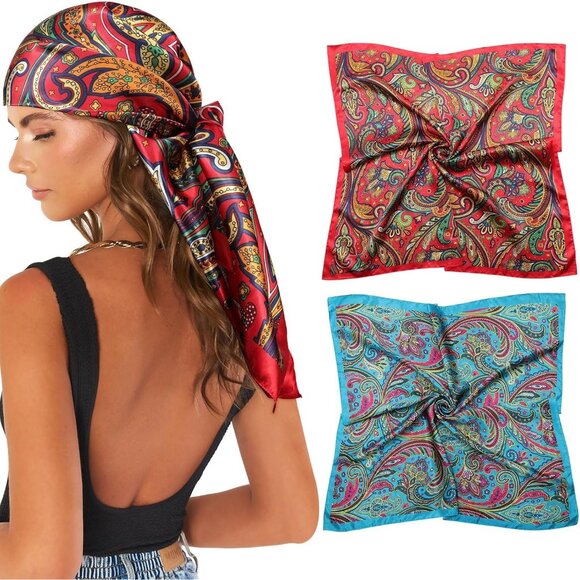 35 Inch Silk Head Scarf 2 Pcs Paisley(blue/Red) - Picture 1 of 6